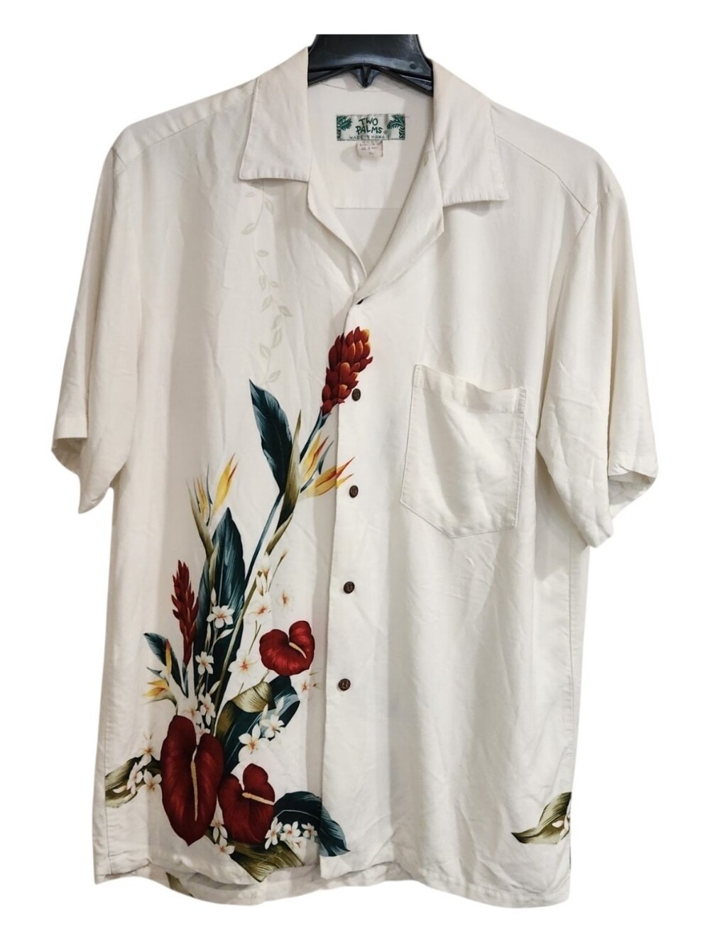 Vtg 90s Two Palms Hawaiian Shirt XL Single Stitch Rayon Front Back Panel Print